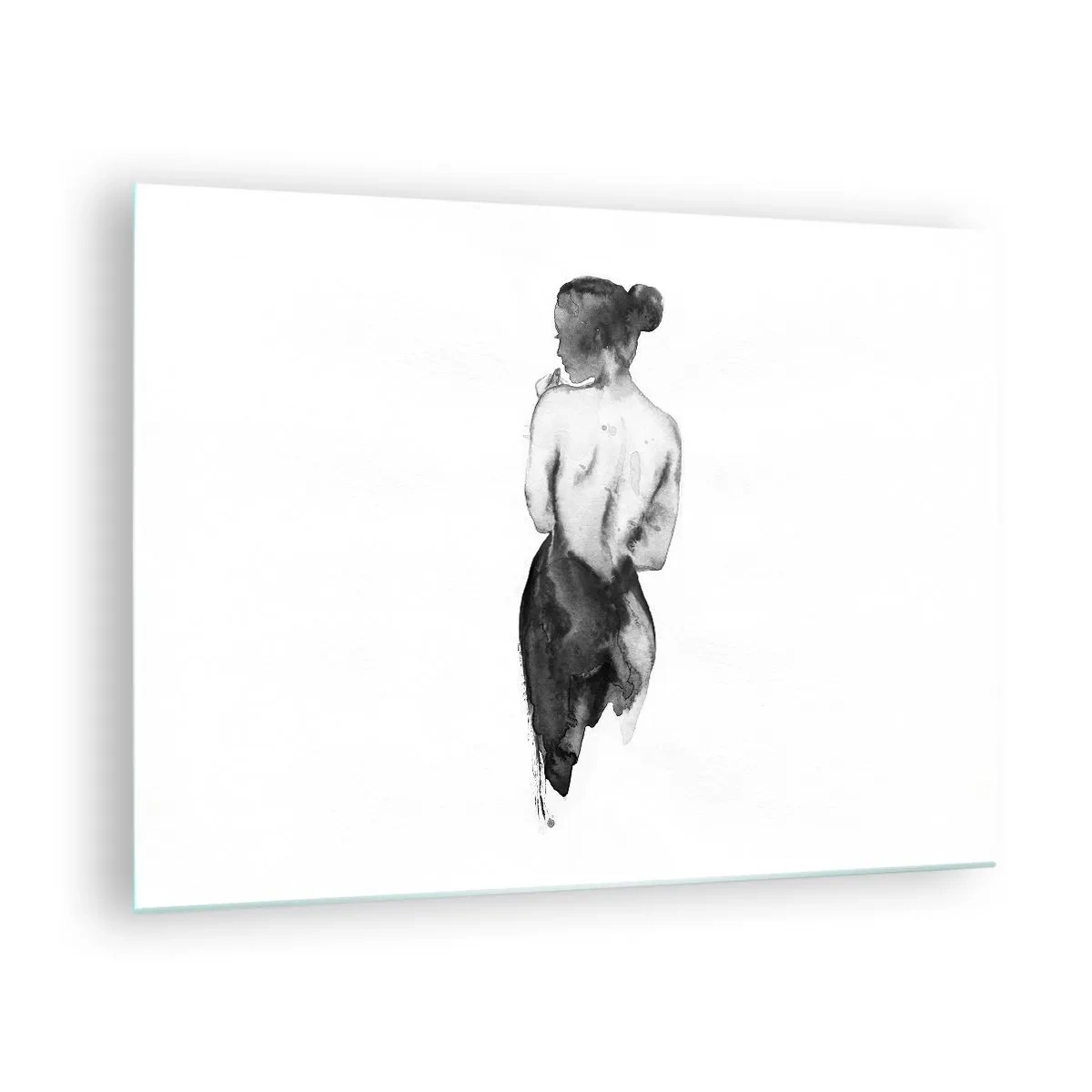 Glasbild - Bild auf glas - Schwarz-weiße Silhouette einer Frau im Aquarellstil - 70x50cm - Bei ihr verschwindet die Welt - Moderne Wanddekoration für Wohnzimmer und Schlafzimmer ARTTOR