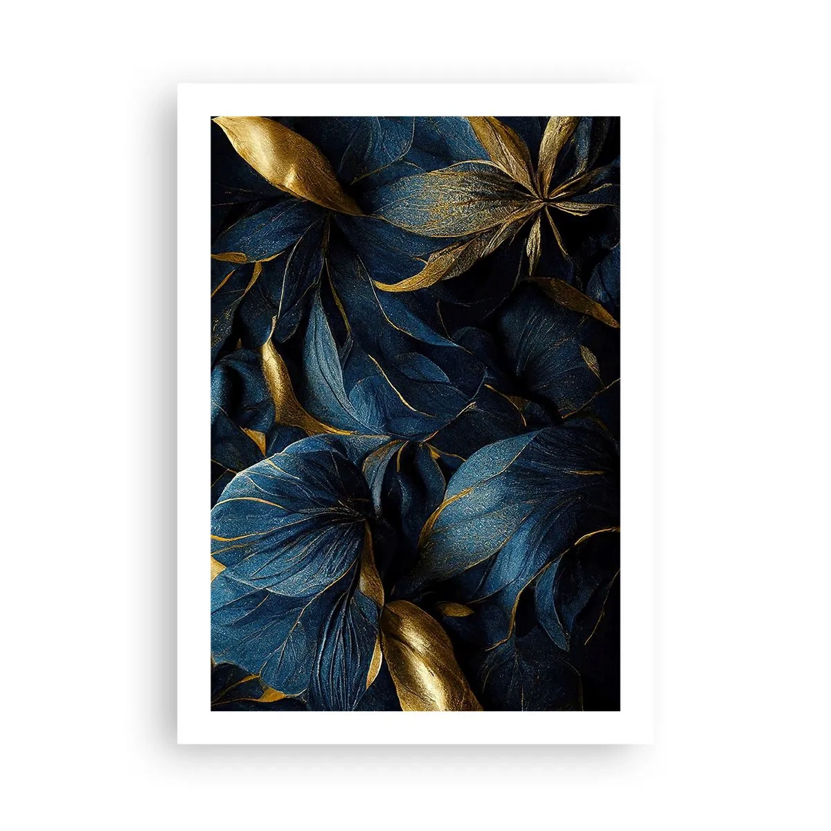 Poster - Goldene Blätter vor einem tief marineblauen Hintergrund - 50x70cm - Mit Gold gefüttert - Moderne Wanddekoration für Wohnzimmer und Schlafzimmer ARTTOR