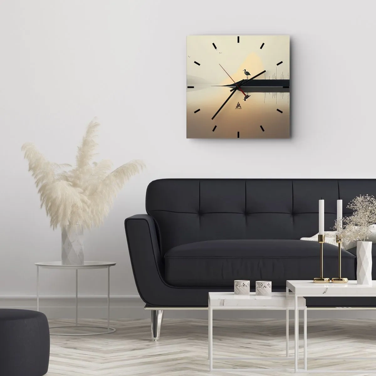 Wanduhr - Glasuhr - Ein Vogel auf einer Insel in einem ruhigen See mit warmen Farbtönen - 30x30cm - Herr am See - Moderne Wanddekoration für Wohnzimmer und Schlafzimmer ARTTOR