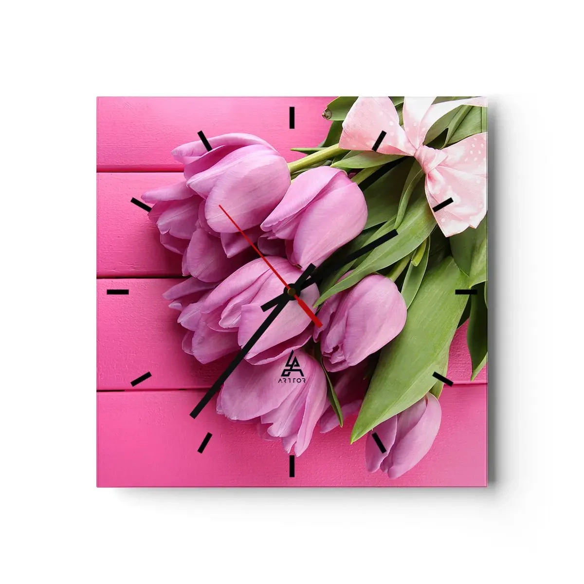 Wanduhr - Glasuhr - Ein Strauß rosa Tulpen mit Schleife auf rosa Hintergrund - 30x30cm - Nur für dich - Moderne Wanddekoration für Wohnzimmer und Schlafzimmer ARTTOR