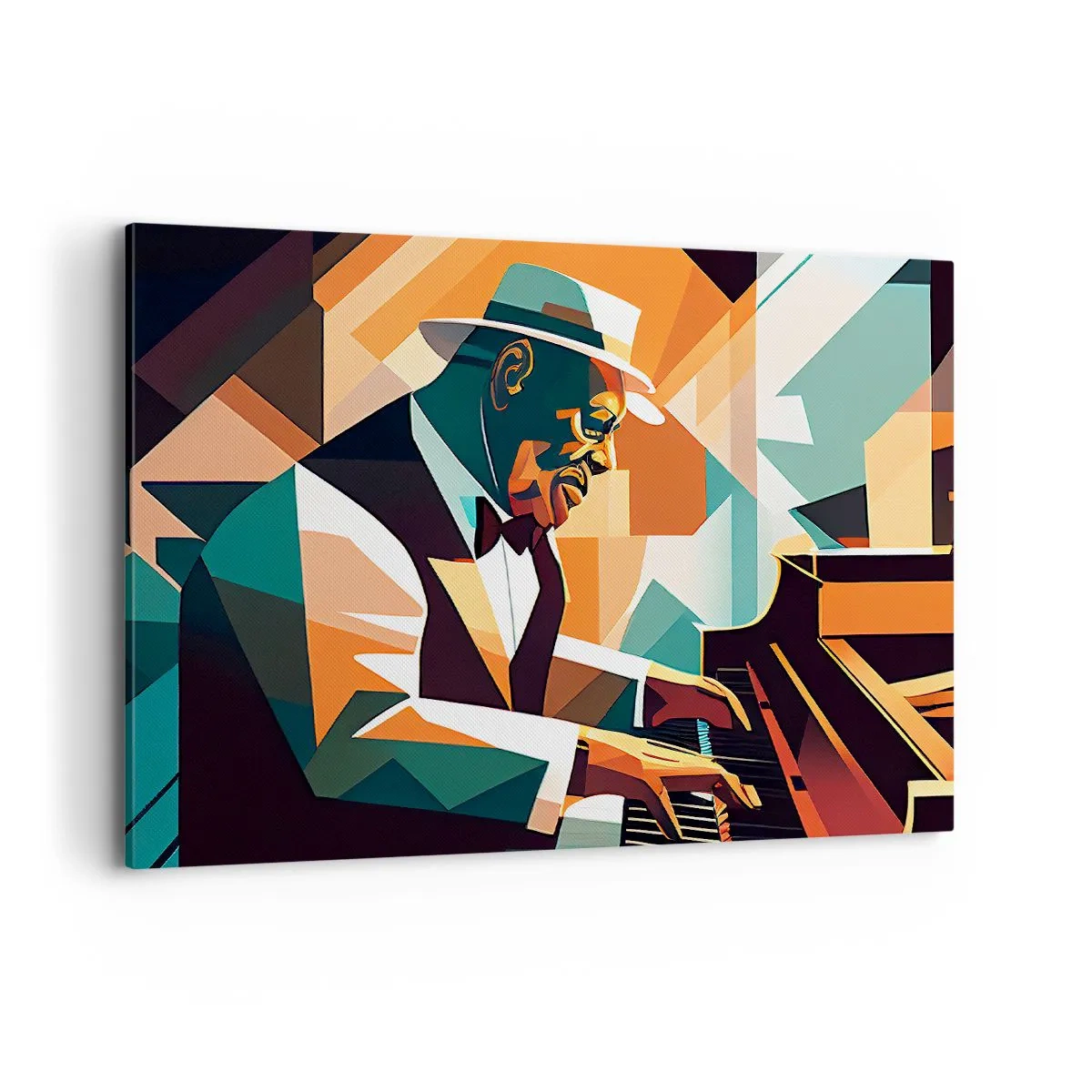 Bild auf Leinwand - Leinwandbild - Abstrakter Musiker, der in warmen Farben Klavier spielt. - 100x70cm - Alles vom Jazz - Moderne Wanddekoration für Wohnzimmer und Schlafzimmer ARTTOR