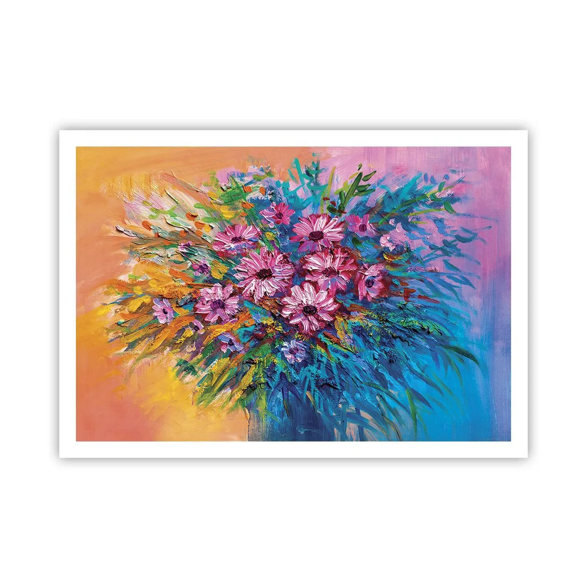 Poster - Bunte Blumen in einem Strauß vor pastellfarbenem Hintergrund - 100x70cm - Lebensenergie - Moderne Wanddekoration für Wohnzimmer und Schlafzimmer ARTTOR