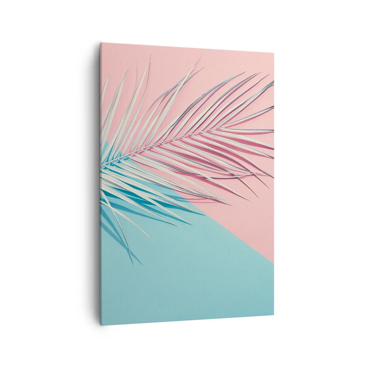 Bild auf Leinwand - Leinwandbild - Tropisches Blatt vor einem Hintergrund in Pastelltönen von Rosa und Blau - 70x100cm - Tropischer Eindruck - Moderne Wanddekoration für Wohnzimmer und Schlafzimmer ARTTOR