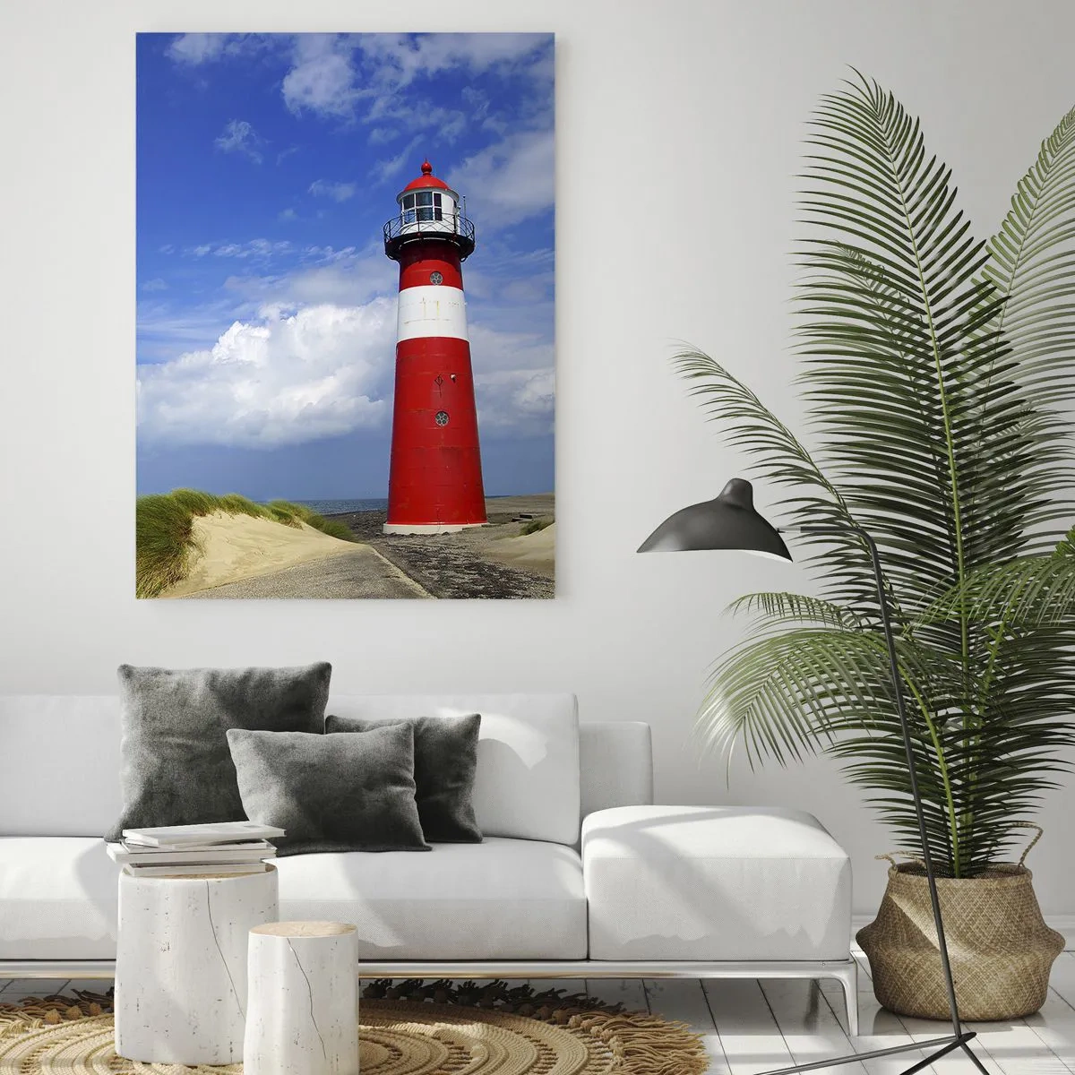 Glasbild - Bild auf glas - Roter Leuchtturm am Strand unter blauem Himmel - 70x100cm - Traum Einsamkeit - Moderne Wanddekoration für Wohnzimmer und Schlafzimmer ARTTOR