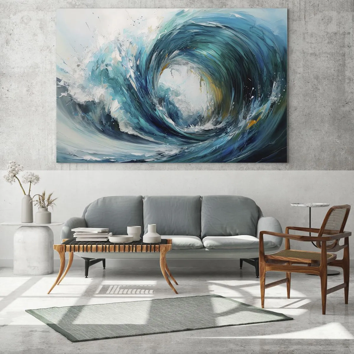 Glasbild - Bild auf glas - Visualisierung einer kraftvollen Meereswelle in Form eines Strudels mit intensivem Blau - 70x50cm - Meeresportal - Moderne Wanddekoration für Wohnzimmer und Schlafzimmer ARTTOR
