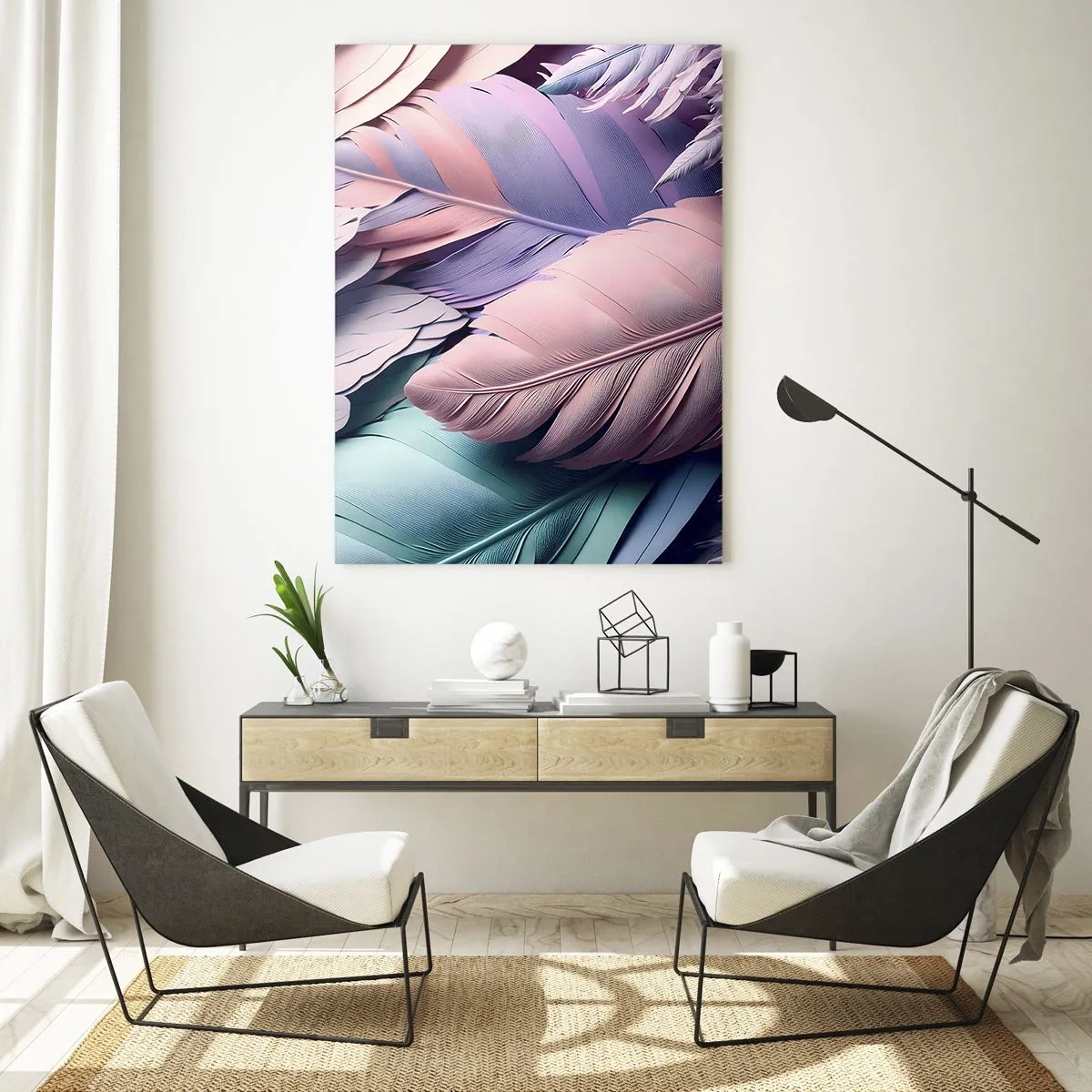 Glasbild - Bild auf glas - Bunte Federn in Pastelltönen auf hellem Hintergrund - 80x120cm - Vogel-Chic - Moderne Wanddekoration für Wohnzimmer und Schlafzimmer ARTTOR