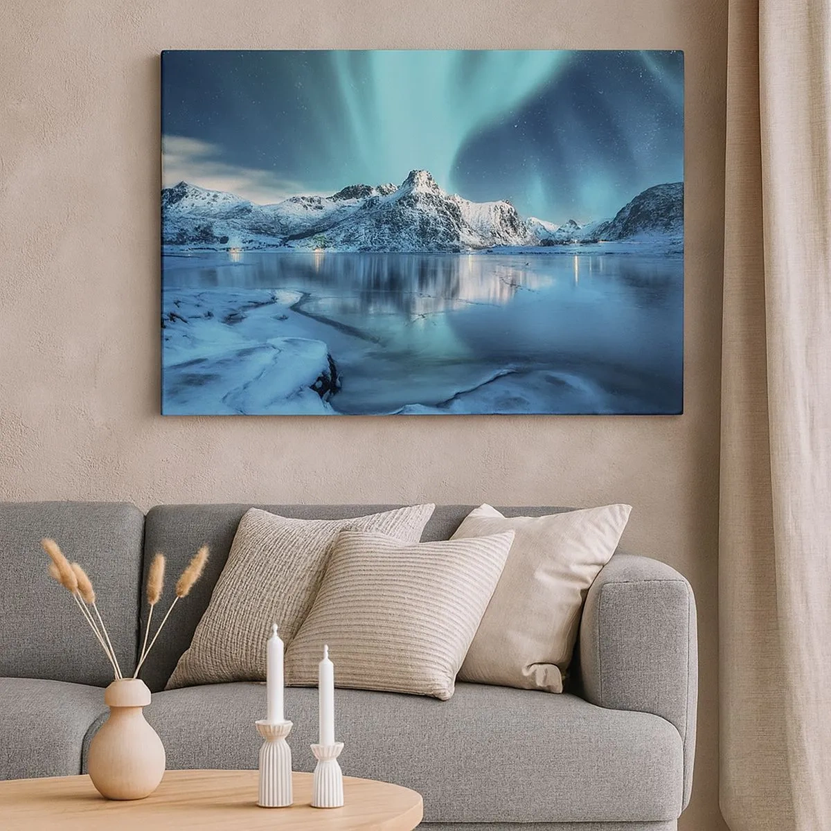 Bild auf Leinwand - Leinwandbild - Aurora Borealis über schneebedeckten Bergen und einem See - 70x50cm - Lichtnacht - Moderne Wanddekoration für Wohnzimmer und Schlafzimmer ARTTOR