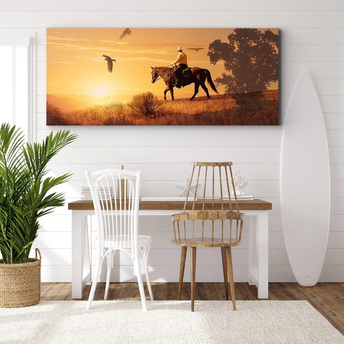 Bild auf Leinwand - Leinwandbild - Ein Reiter auf einem Pferd bei Sonnenuntergang vor der Prärie - 120x50cm - Allein durch die Prärie - Moderne Wanddekoration für Wohnzimmer und Schlafzimmer ARTTOR