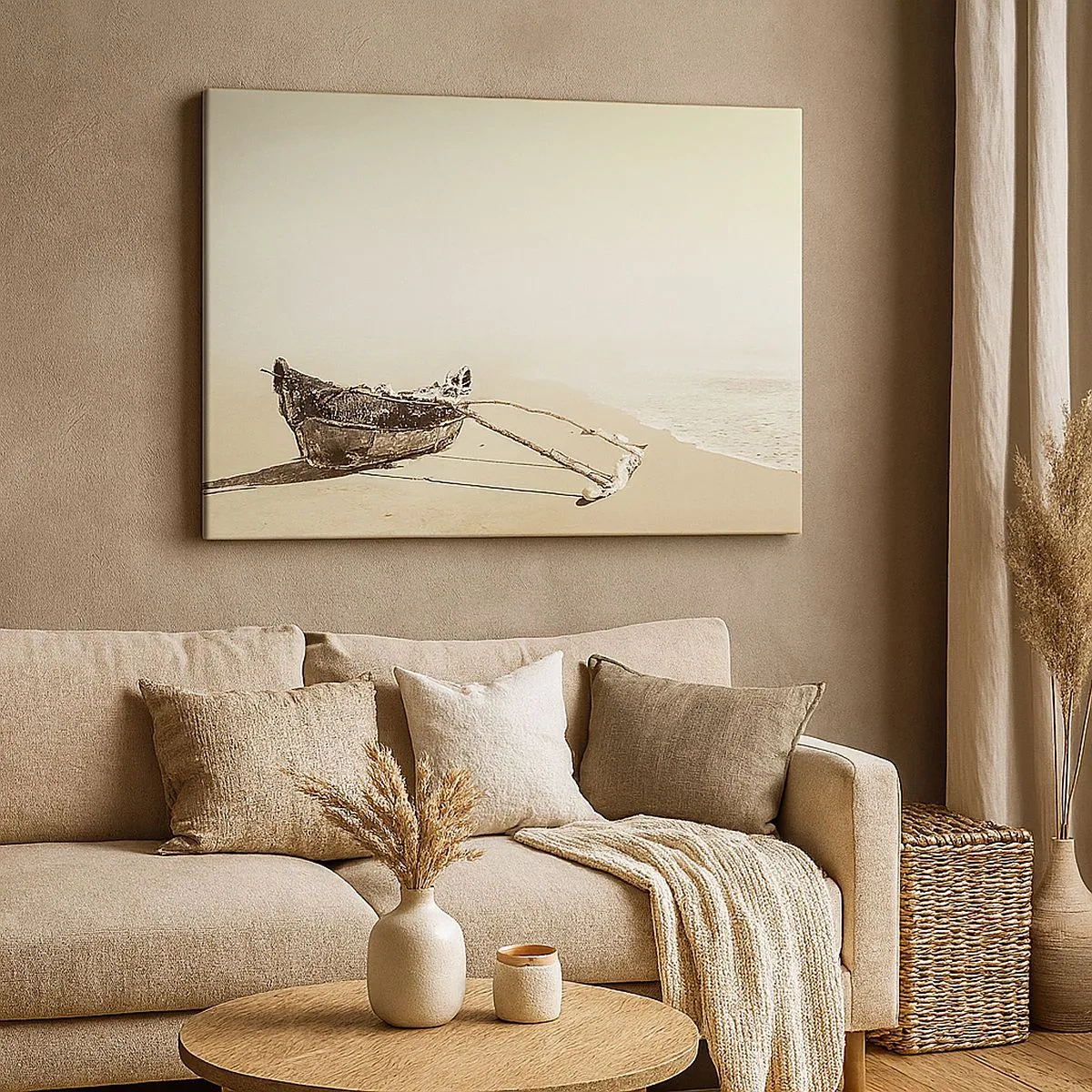 Bild auf Leinwand - Leinwandbild - Altes Fischerboot an einem Sandstrand - 70x50cm - Erinnerung an die Südsee - Moderne Wanddekoration für Wohnzimmer und Schlafzimmer ARTTOR