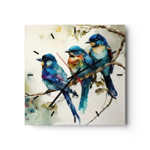 Wanduhr - Glasuhr - Drei bunte Vögel auf einem Ast im Aquarellstil - 30x30cm - War er beleidigt? - Moderne Wanddekoration für Wohnzimmer und Schlafzimmer ARTTOR