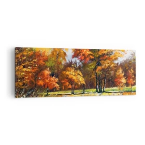 Bild auf Leinwand - Leinwandbild - Herbstlandschaft mit bunten Bäumen und einem Teich - 140x50cm - Landschaft in Gold und Bronze - Moderne Wanddekoration für Wohnzimmer und Schlafzimmer ARTTOR