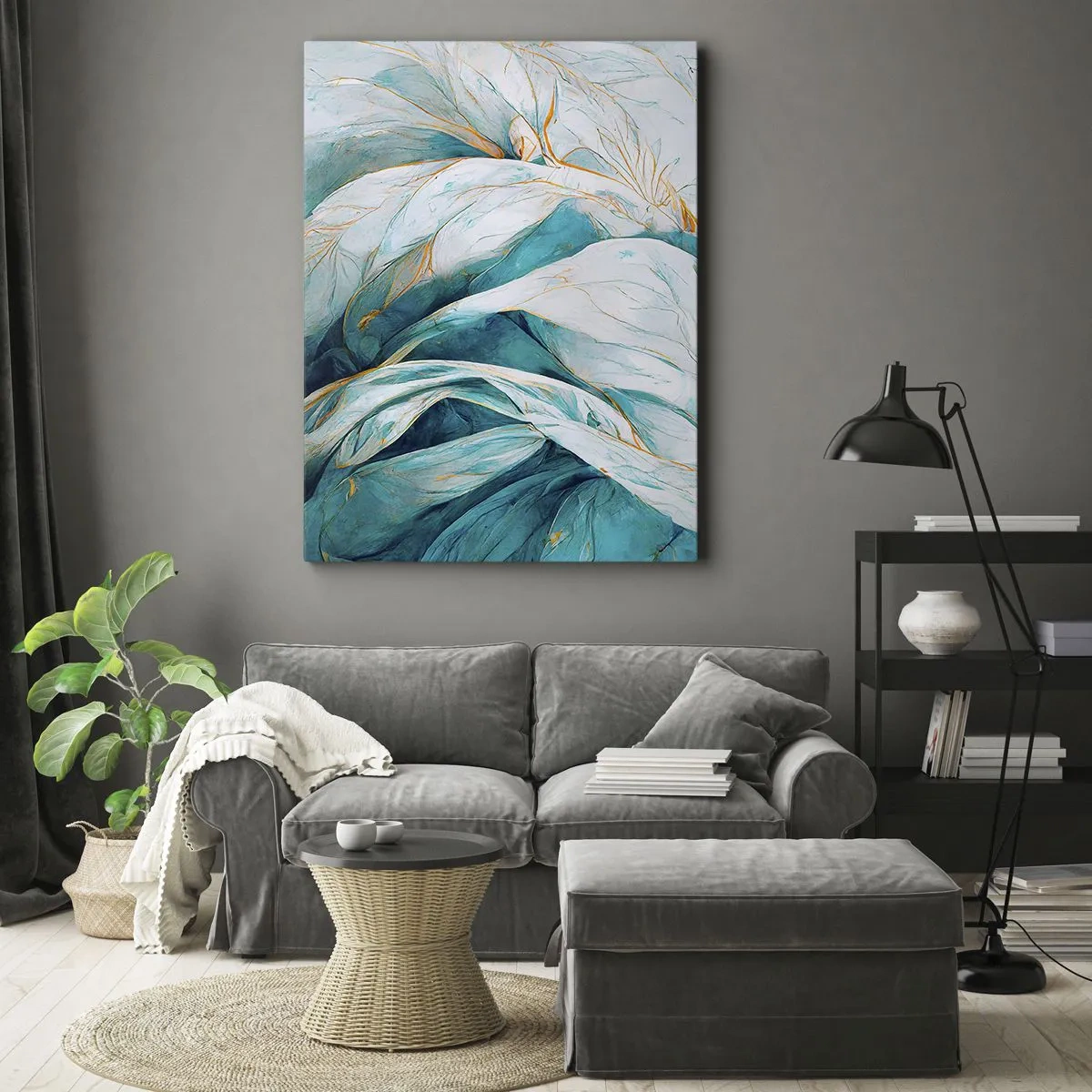 Bild auf Leinwand - Leinwandbild - Abstrakte blaue Blätter mit goldenen Details - 50x70cm - Blaue Abstraktion mit goldenem Motiv - Moderne Wanddekoration für Wohnzimmer und Schlafzimmer ARTTOR