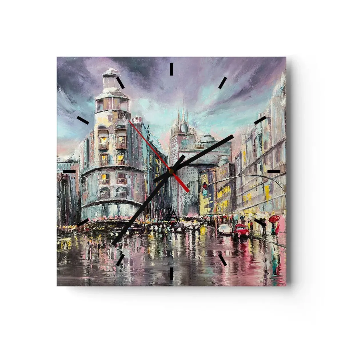 Wanduhr - Glasuhr - Abendlicher Blick auf die Stadt mit Spiegelungen auf der nassen Straße - 30x30cm - Es wird ein gelungener Abend - Moderne Wanddekoration für Wohnzimmer und Schlafzimmer ARTTOR