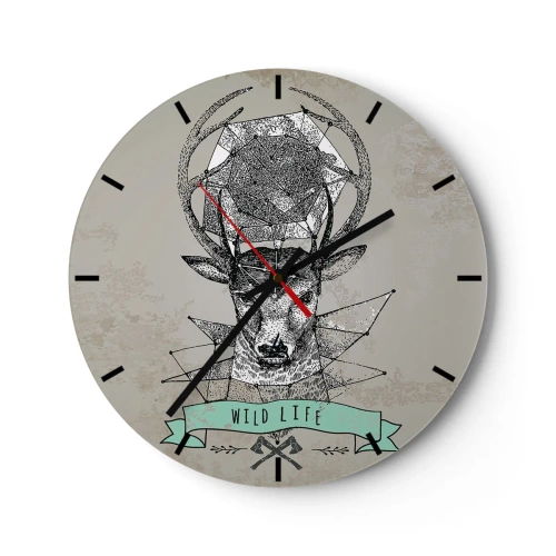Wanduhr - Glasuhr - Geometrischer Hirsch mit der Aufschrift „Wild Life“ auf grauem Hintergrund - 30x30cm - St. sehen Hubertus - Moderne Wanddekoration für Wohnzimmer, Küche und Schlafzimmer ARTTOR