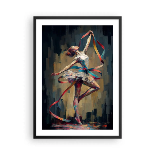 Poster in einem schwarzem Rahmen - Eine Tänzerin in dynamischer Pose mit bunten Bändern. - 50x70cm - Bandtanz - Moderne Wanddekoration für Wohnzimmer und Schlafzimmer ARTTOR