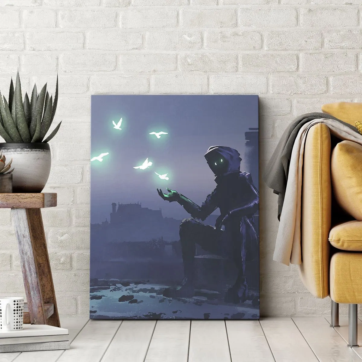 Bild auf Leinwand - Leinwandbild - Eine vermummte Figur mit magischen Vögeln im Hintergrund einer Stadt - 80x120cm - Das Leben wird zurückkommen - Moderne Wanddekoration für Wohnzimmer und Schlafzimmer ARTTOR