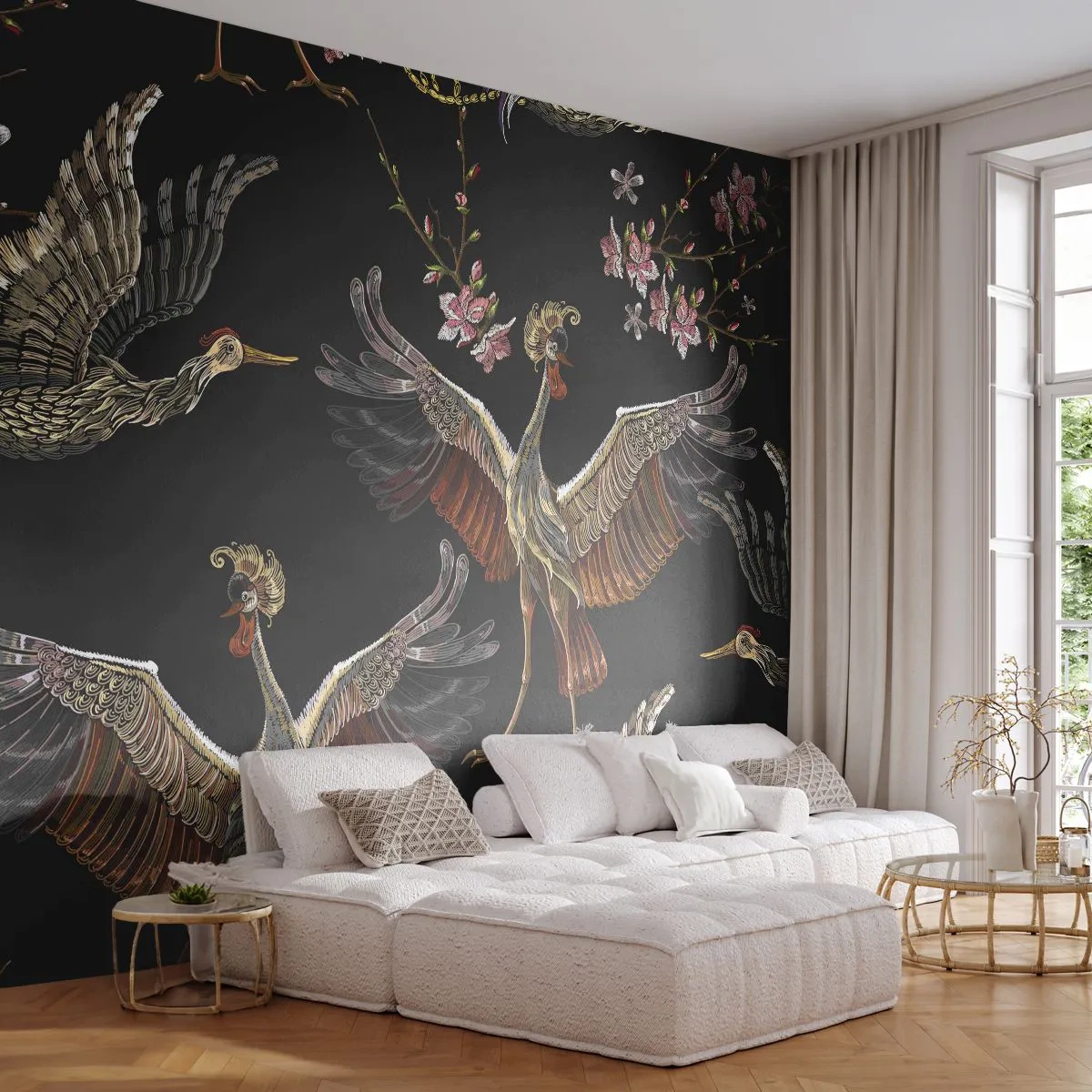 Fototapete Premium Sand - Orientalisches Muster mit Kranichen und Blumen auf schwarzem Hintergrund - 100x70cm - Märchenvogel - Moderne Wanddekoration für Wohnzimmer und Schlafzimmer ARTTOR