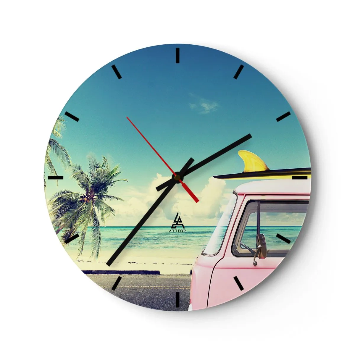 Wanduhr - Glasuhr - Rosa Van mit Surfbrett am Strand - 30x30cm - Zeit um in die Ferien zu starten - Moderne Wanddekoration für Wohnzimmer, Küche und Schlafzimmer ARTTOR