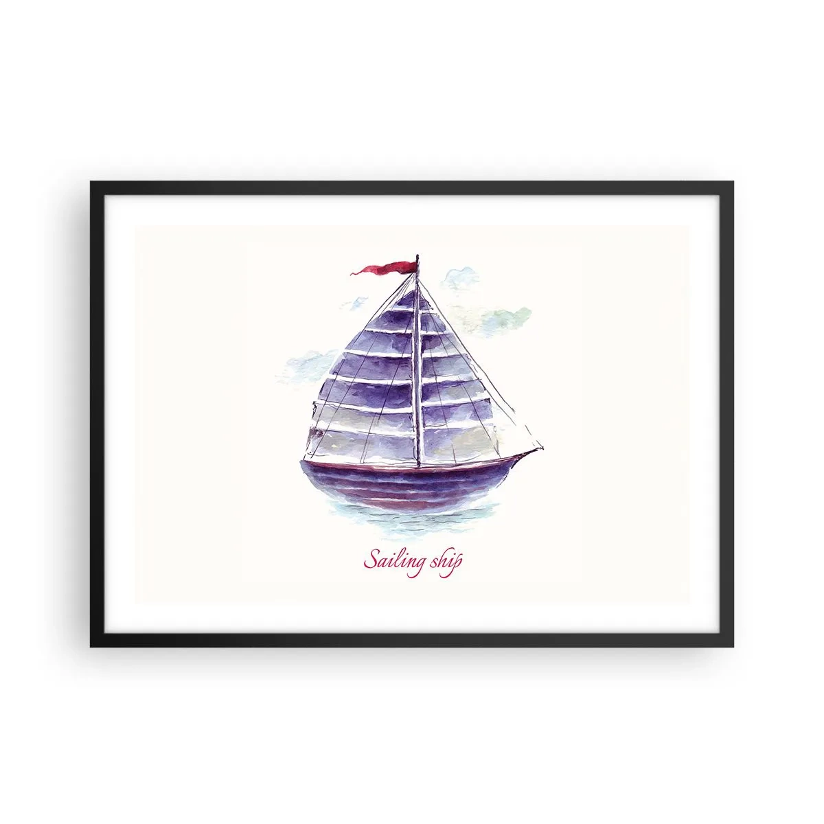 Poster in einem schwarzem Rahmen - Ein Aquarell eines Segelboots auf dem Wasser mit einer zarten Inschrift - 70x50cm - Volle Segel und ruhiges Wasser - Moderne Wanddekoration für Wohnzimmer und Schlafzimmer ARTTOR