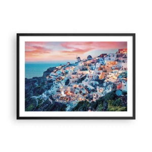 Poster in einem schwarzem Rahmen - Santorini bei Sonnenuntergang mit weißen Gebäuden auf dem Hügel - 70x50cm - Dein toller griechischer Urlaub - Moderne Wanddekoration für Wohnzimmer und Schlafzimmer ARTTOR