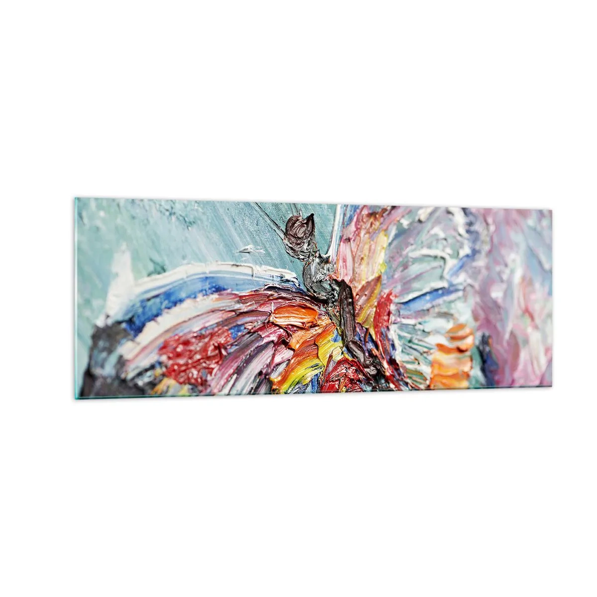 Glasbild - Bild auf glas - Bunter Impasto-Schmetterling auf pastellfarbenem Hintergrund - 140x50cm - Von der Natur gemalt - Moderne Wanddekoration für Wohnzimmer und Schlafzimmer ARTTOR