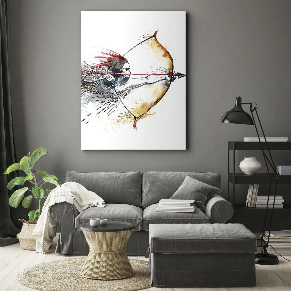 Bild auf Leinwand - Leinwandbild - Dynamisches Aquarell eines Kriegers mit Pfeil und Bogen - 50x70cm - Mythischer Krieger mit feurigem Bogen - Moderne Wanddekoration für Wohnzimmer und Schlafzimmer ARTTOR