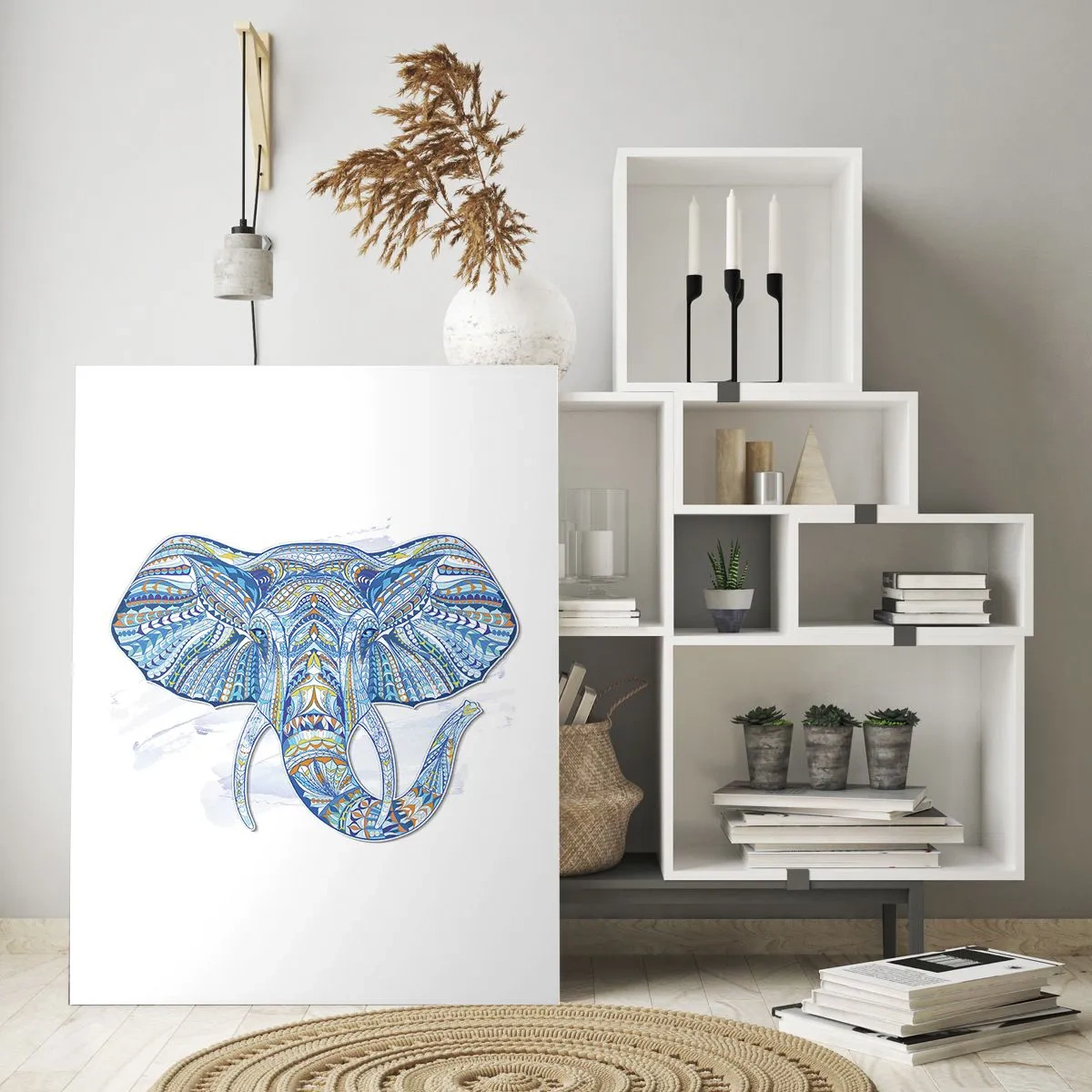 Glasbild - Bild auf glas - Geometrischer Elefant in Blau- und Goldtönen - 80x120cm - In Gold und Blau eingelegt - Moderne Wanddekoration für Wohnzimmer und Schlafzimmer ARTTOR
