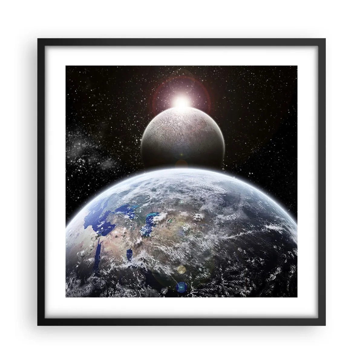 Poster in einem schwarzem Rahmen - Weltraumlandschaft - Sonnenaufgang - 50x50 cm
