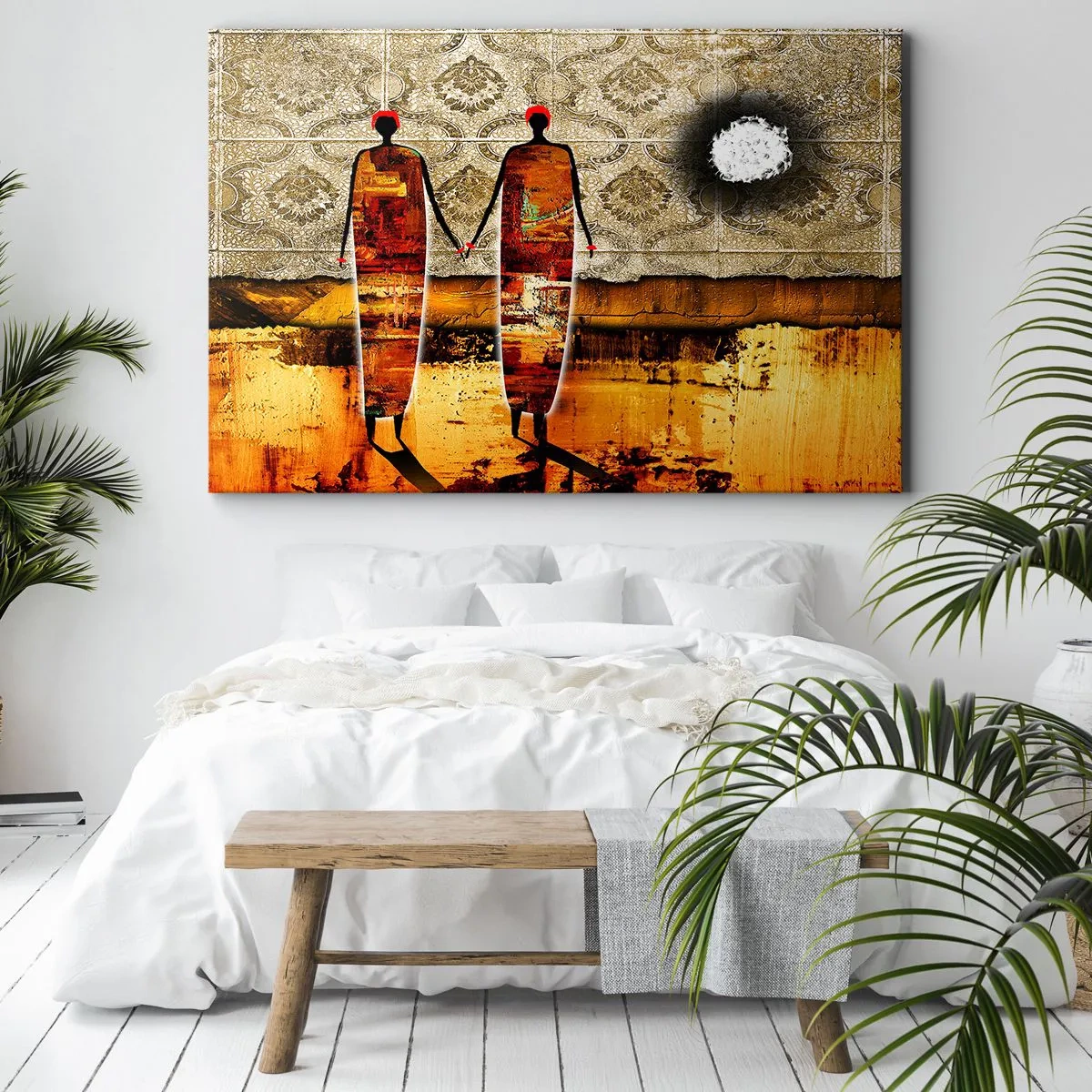 Bild auf Leinwand - Leinwandbild - Ein abstraktes Figurenpaar vor einem Hintergrund aus goldenen Mustern und einer Landschaft. - 120x80cm - Ethnische Zusammensetzung in den Farben Afrikas - Moderne Wanddekoration für Wohnzimmer und Schlafzimmer ARTTOR