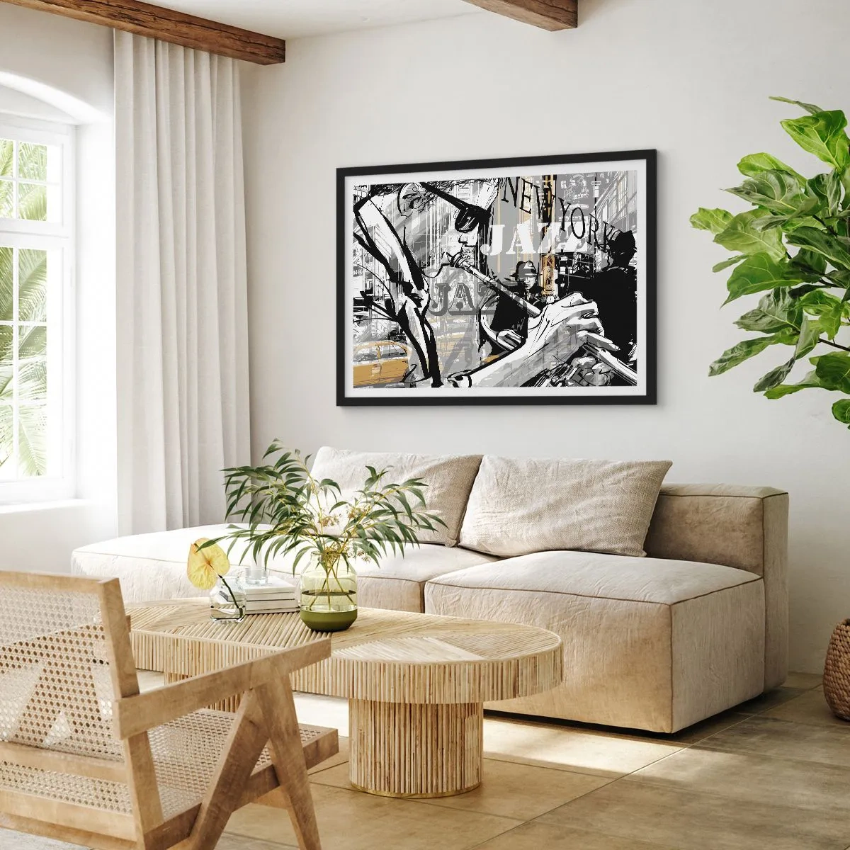 Poster in einem schwarzem Rahmen - New Yorker Jazzszene - 100x70cm - Im Rhythmus von New York - Moderne Wanddekoration für Wohnzimmer und Schlafzimmer ARTTOR