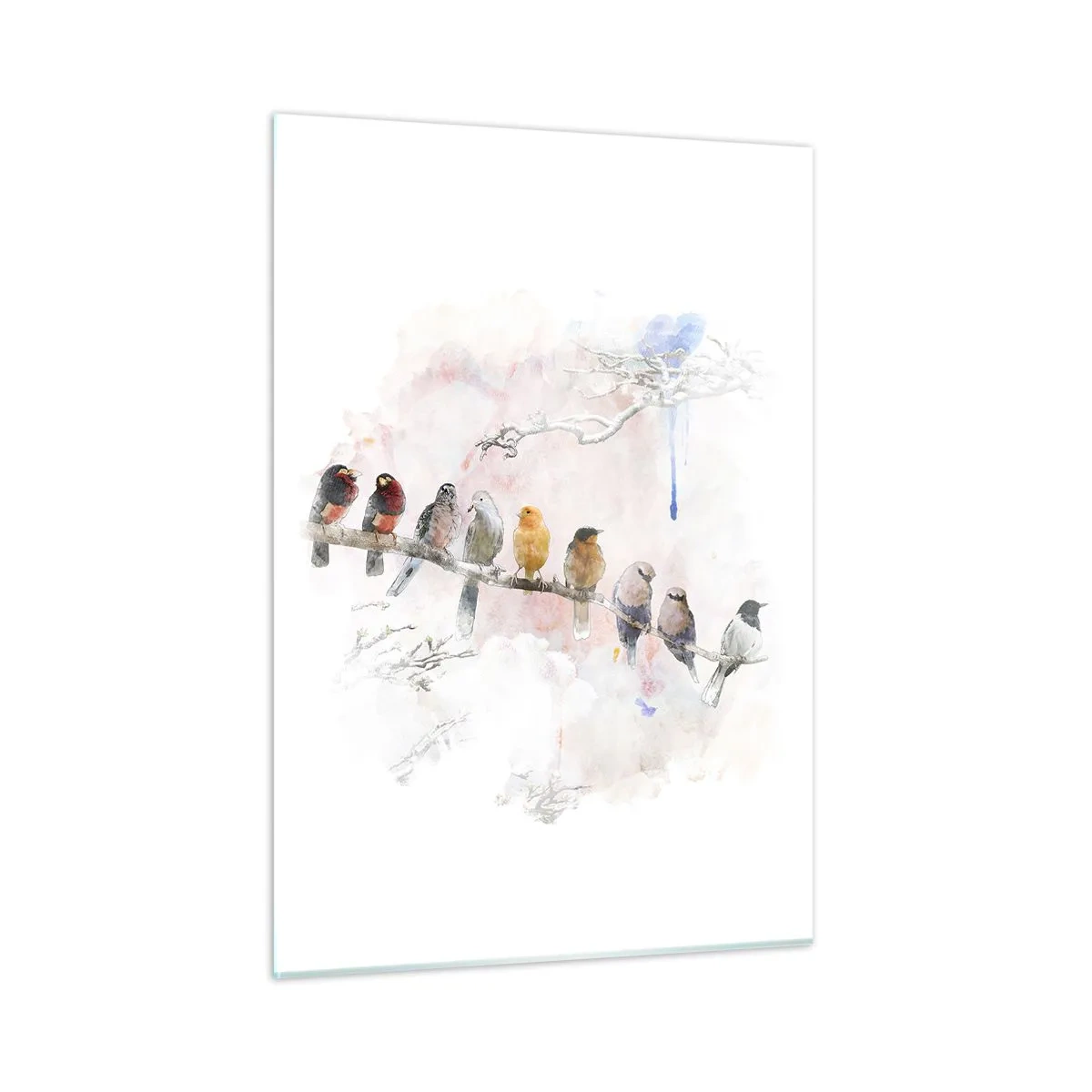 Glasbild - Bild auf glas - Bunte Vögel auf einem Ast im malerischen Stil - 50x70cm - Geflügeltes Treffen - Moderne Wanddekoration für Wohnzimmer und Schlafzimmer ARTTOR