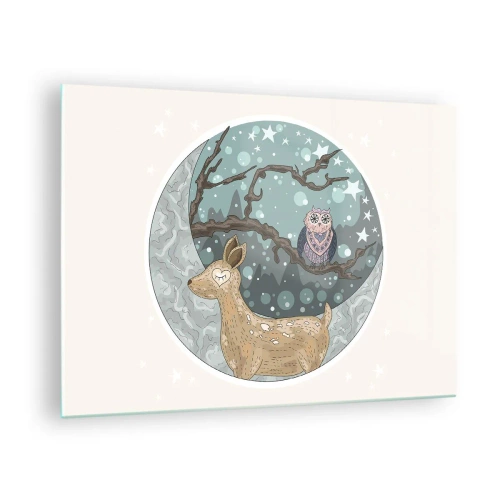 Glasbild - Bild auf glas - Illustration eines Hirsches und einer Eule in einer magischen Umgebung - 70x50cm - Eine märchenhafte Waldnacht - Moderne Wanddekoration für Wohnzimmer und Schlafzimmer ARTTOR
