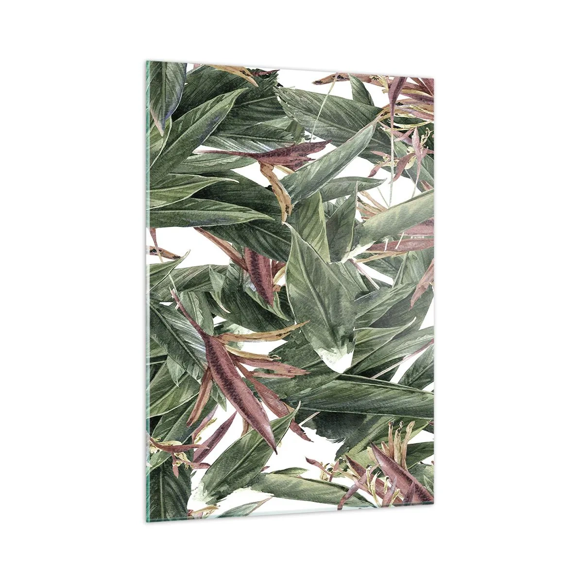 Glasbild - Bild auf glas - Blätter in Grün- und Burgundertönen auf hellem Hintergrund - 50x70cm - Smaragd-lila Dickicht - Moderne Wanddekoration für Wohnzimmer und Schlafzimmer ARTTOR