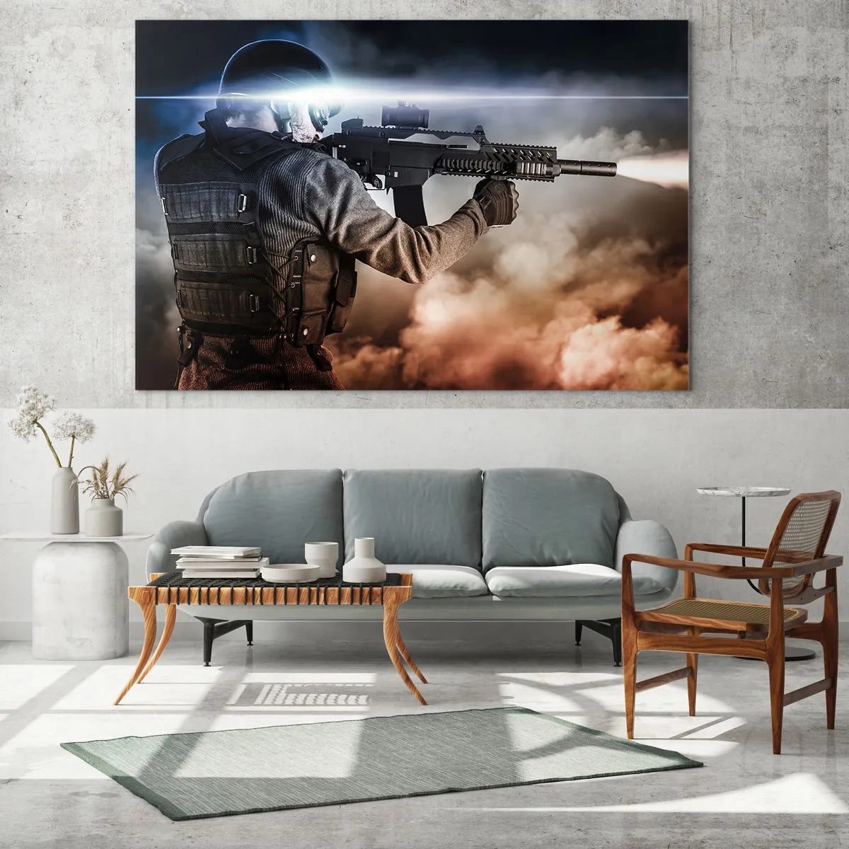 Glasbild - Bild auf glas - Ein Soldat im Einsatz, der vor einem Hintergrund aus Rauch ein Gewehr abfeuert. - 120x80cm - Nur ein Held - Moderne Wanddekoration für Wohnzimmer und Schlafzimmer ARTTOR
