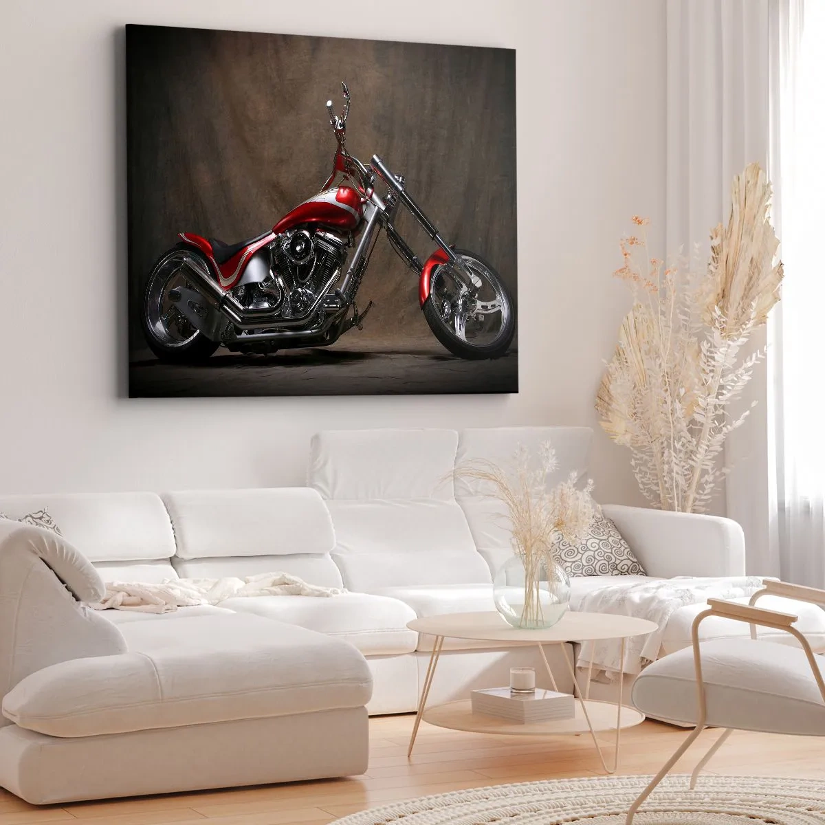 Bild auf Leinwand - Leinwandbild - Rotes Custom-Motorrad vor braunem Stoffhintergrund - 120x80cm - Rote und silberne Schönheit - Moderne Wanddekoration für Wohnzimmer und Schlafzimmer ARTTOR