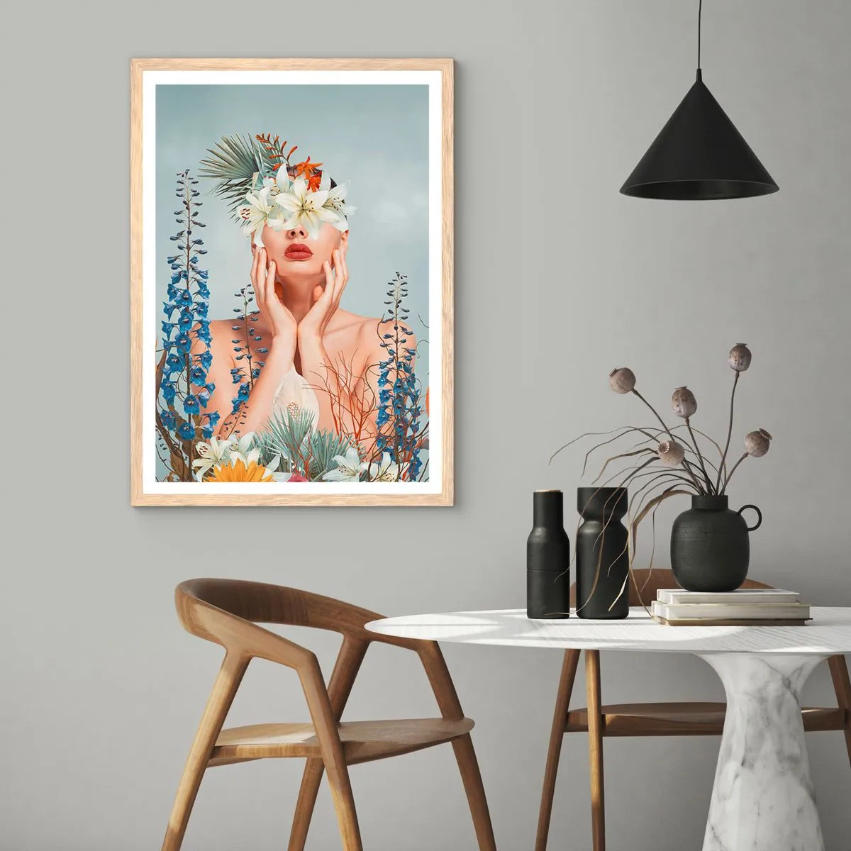 Poster in einem Rahmen aus heller Eiche - Frau - Blume - 30x40 cm