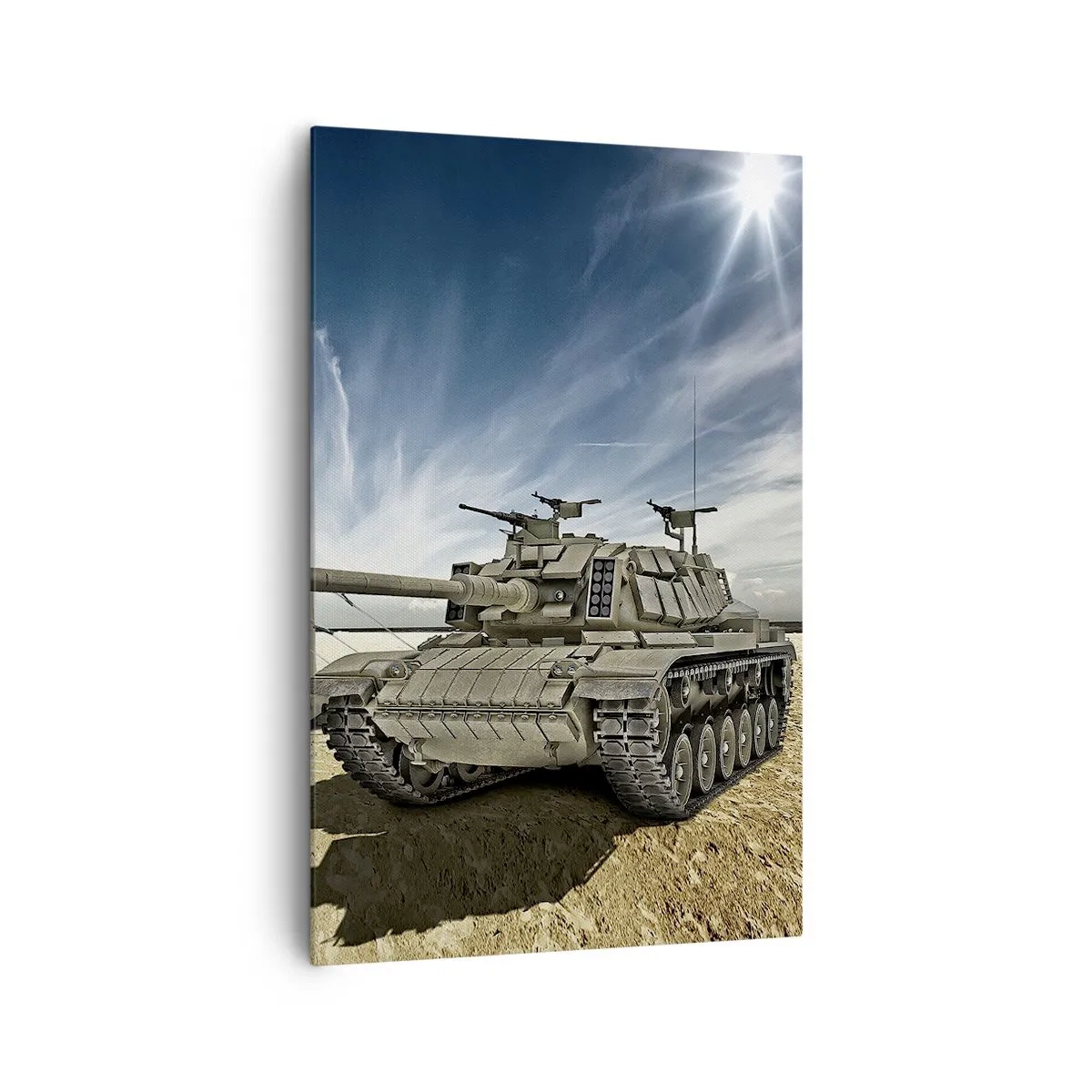 Bild auf Leinwand - Leinwandbild - Ein Panzer neben einem Militärzelt in einer Wüstengegend - 80x120cm - Ein militärischer Traum - Moderne Wanddekoration für Wohnzimmer und Schlafzimmer ARTTOR