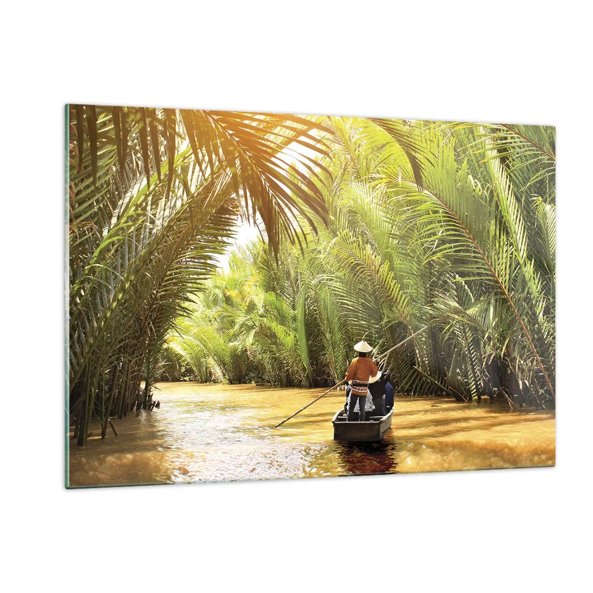 Glasbild - Bild auf glas - Ein Boot mit einem Ruderer fährt durch eine palmengesäumte Schlucht - 120x80cm - Eine Palmenschlucht entlang - Moderne Wanddekoration für Wohnzimmer und Schlafzimmer ARTTOR