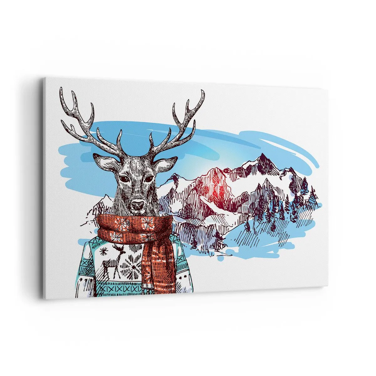 Bild auf Leinwand - Leinwandbild - Ein Hirsch im Winterpullover vor einer Berglandschaft - 100x70cm - Auch ein Reh friert nicht - Moderne Wanddekoration für Wohnzimmer und Schlafzimmer ARTTOR