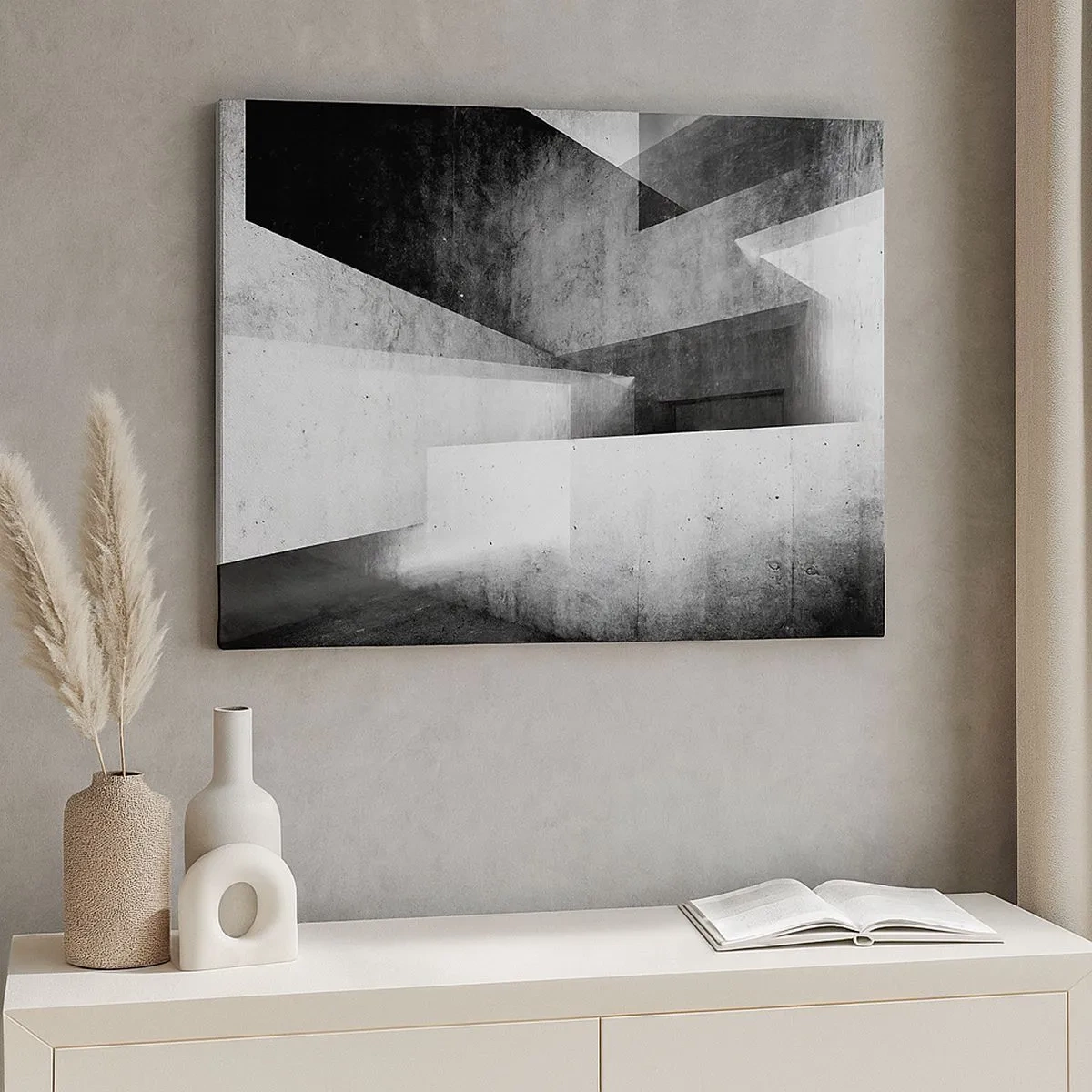 Bild auf Leinwand - Leinwandbild - Geometrische Formen in einer monochromen Komposition - 70x50cm - Die Raumstruktur - Moderne Wanddekoration für Wohnzimmer und Schlafzimmer ARTTOR