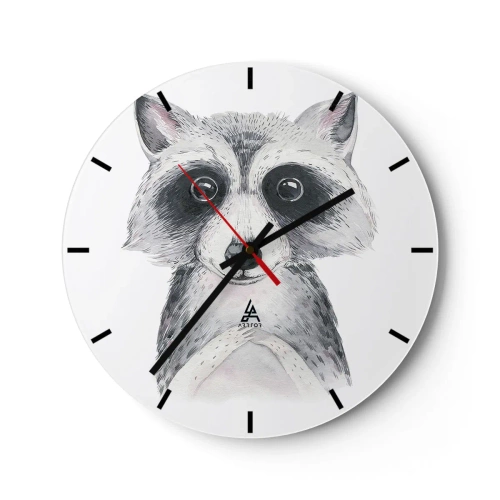 Wanduhr - Glasuhr - Ein süßer Waschbär in Schwarz und Weiß gezeichnet - 30x30cm - Ein Moment zum Bewegen - Moderne Wanddekoration für Wohnzimmer, Küche und Schlafzimmer ARTTOR