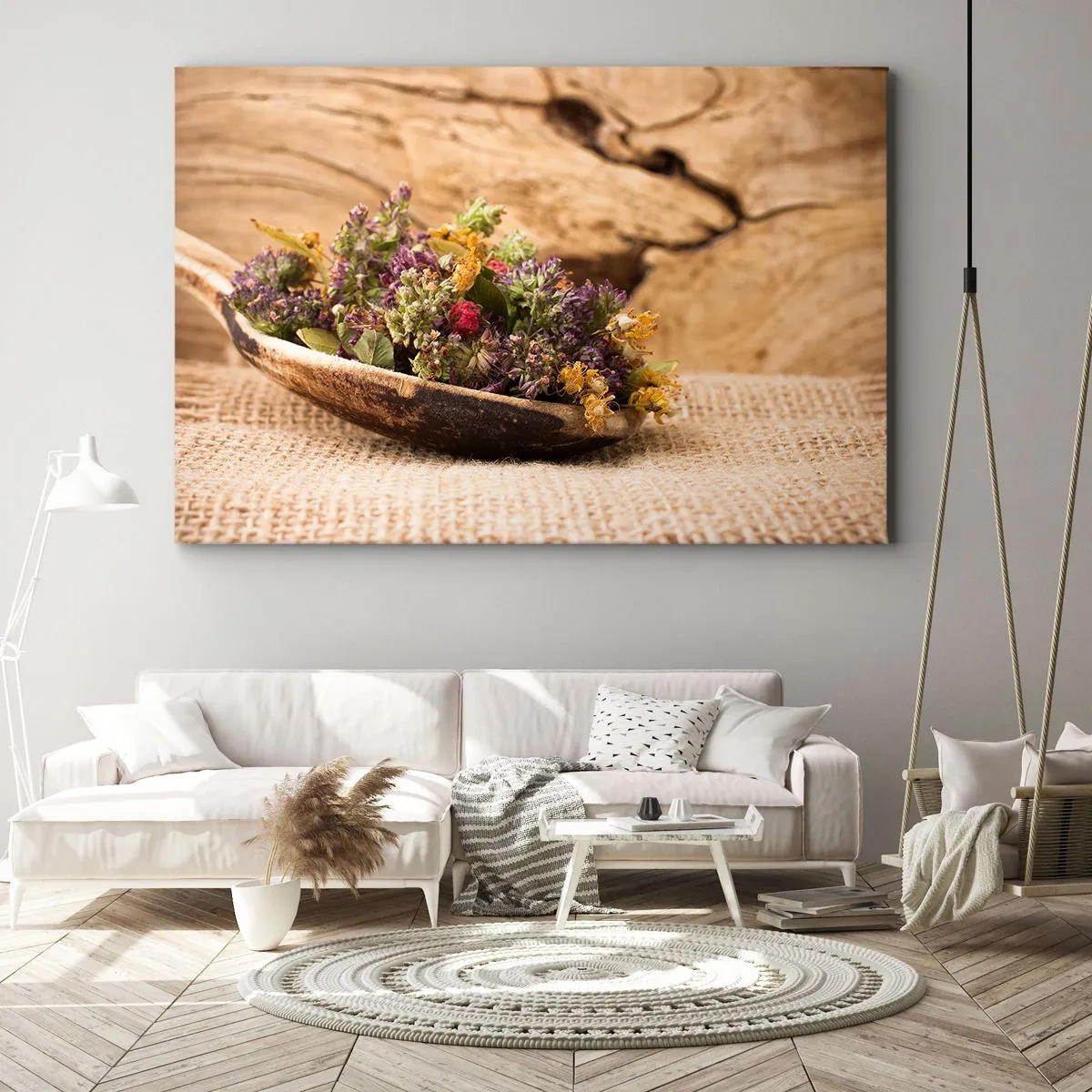 Bild auf Leinwand - Leinwandbild - Getrocknete Kräuter in einem Holzlöffel auf natürlichem Holzhintergrund - 70x50cm - Bunte Blumen und duftende Kräuter - Moderne Wanddekoration für Wohnzimmer und Schlafzimmer ARTTOR