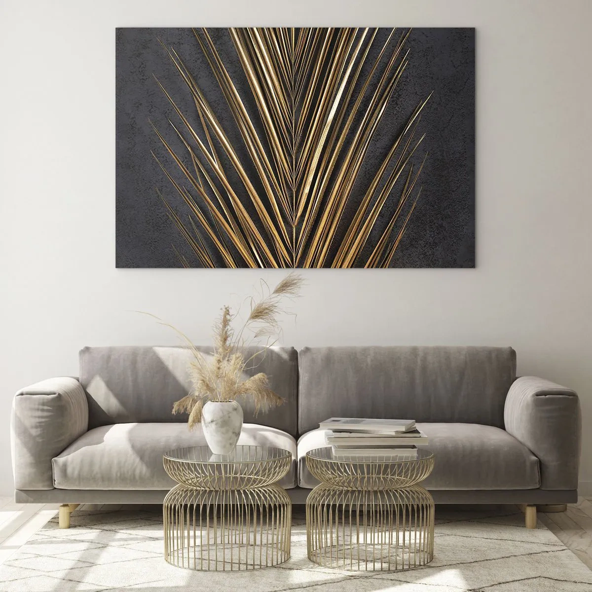Glasbild - Bild auf glas - Goldenes Palmblatt auf dunklem Hintergrund - 120x80cm - Das Gold der Tropen - Moderne Wanddekoration für Wohnzimmer und Schlafzimmer ARTTOR