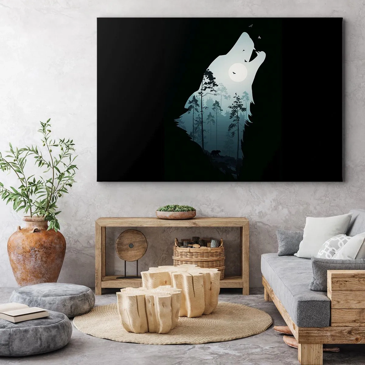 Bild auf Leinwand - Leinwandbild - Silhouette eines Wolfes mit Wald und Mond im Hintergrund - 100x70cm - Die Stimme der Waldnacht - Moderne Wanddekoration für Wohnzimmer und Schlafzimmer ARTTOR