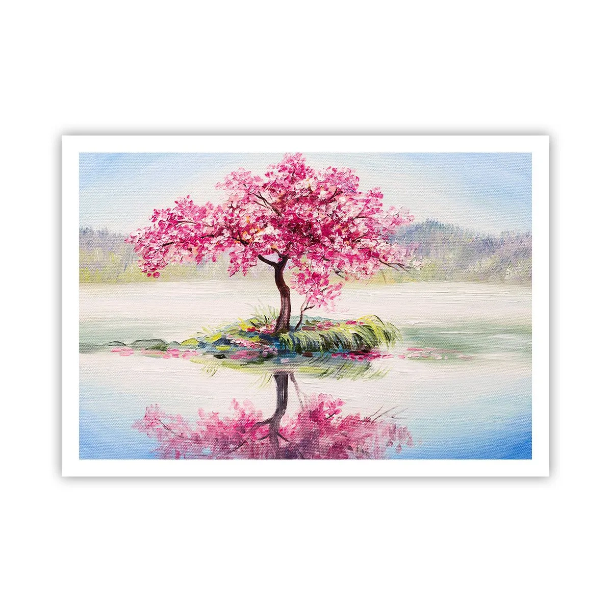 Poster - Ein blühender Baum auf stillem Wasser - 100x70cm - Der Ritus des Frühlings - Moderne Wanddekoration für Wohnzimmer und Schlafzimmer ARTTOR