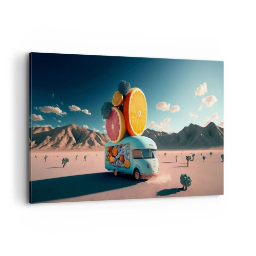 Bild auf Leinwand - Leinwandbild - Obstwagen in einer Wüstenlandschaft - 120x80cm - Geschmack von Urlaub - Moderne Wanddekoration für Wohnzimmer und Schlafzimmer ARTTOR