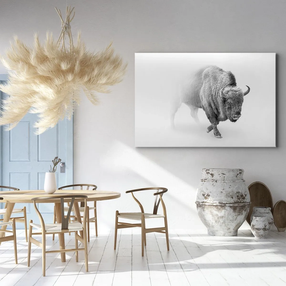 Bild auf Leinwand - Leinwandbild - Weißer Bison in minimalistischem Ambiente - 120x80cm - König der Prärie - Moderne Wanddekoration für Wohnzimmer und Schlafzimmer ARTTOR