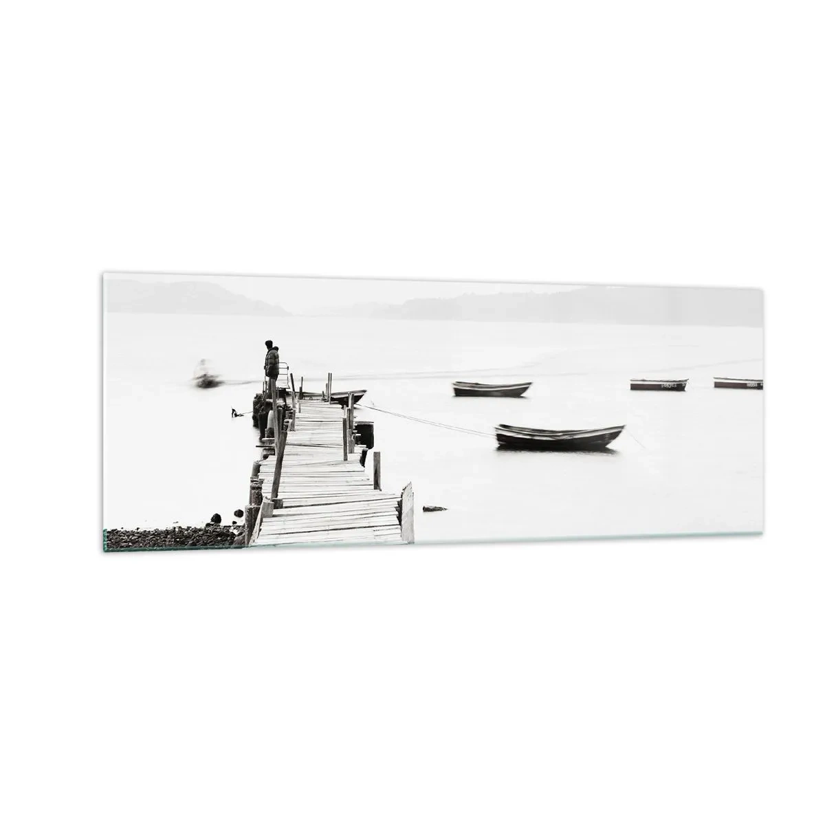 Glasbild - Bild auf glas - Holzsteg und Boote auf ruhigem Wasser - 140x50cm - Ruhig und sauber über dem Wasser - Moderne Wanddekoration für Wohnzimmer und Schlafzimmer ARTTOR