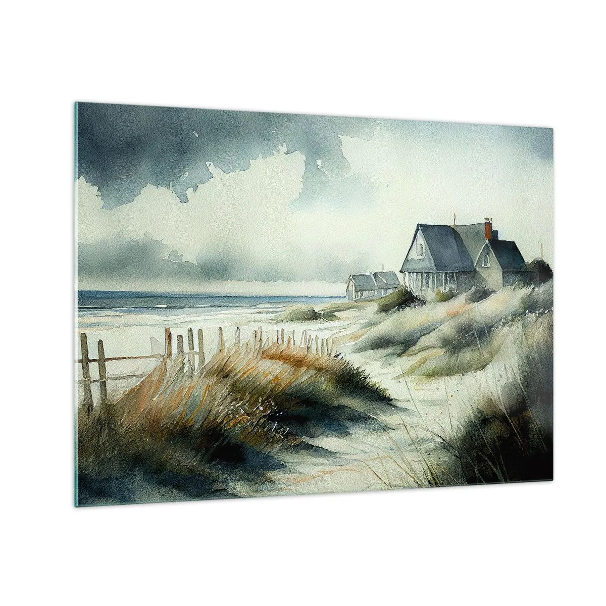 Glasbild - Bild auf glas - Dünenhäuser am Strand unter bewölktem Himmel - 70x50cm - Abseits vom Trubel - Moderne Wanddekoration für Wohnzimmer und Schlafzimmer ARTTOR