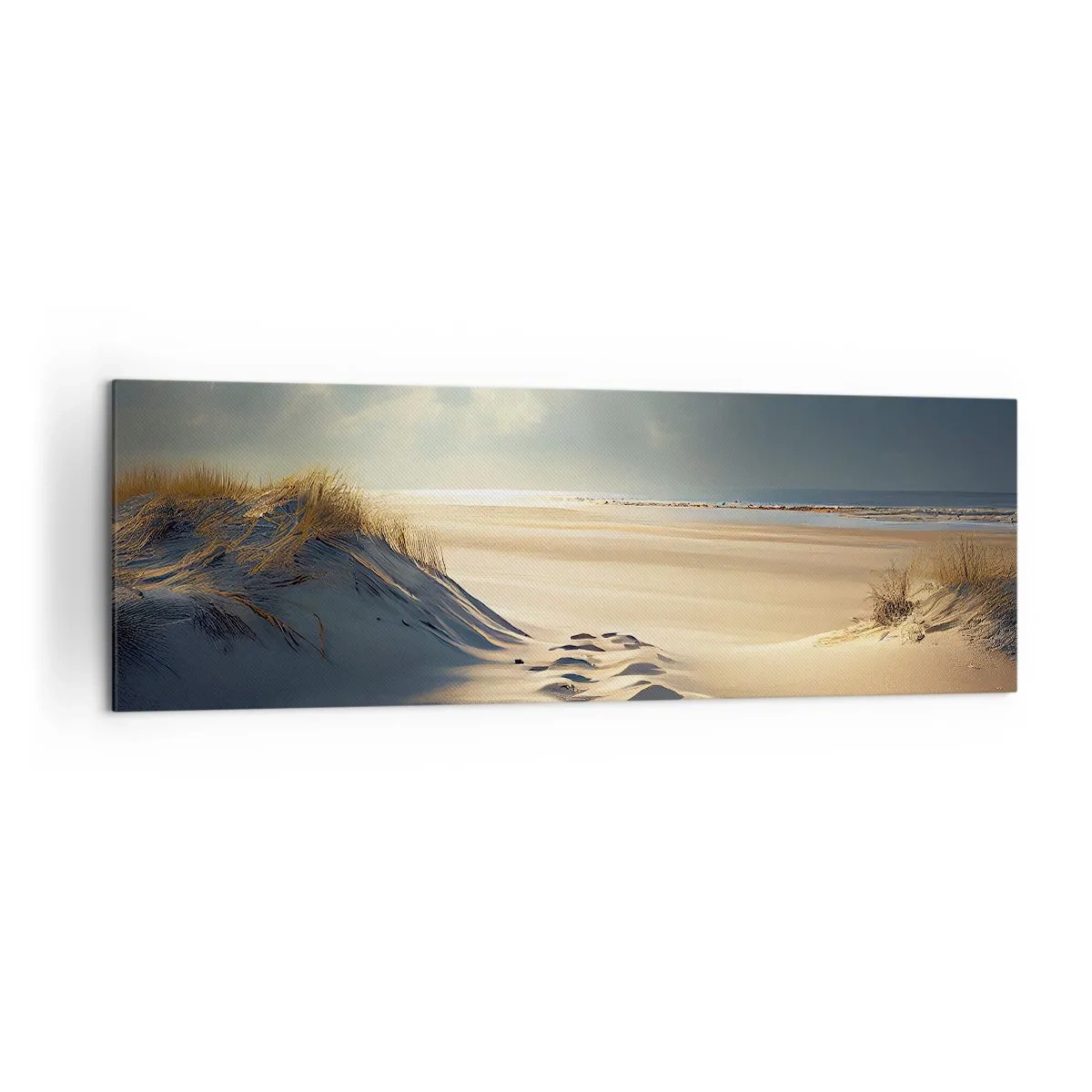 Bild auf Leinwand - Leinwandbild - Goldene Dünen am Strand bei Sonnenuntergang mit Blick auf das Meer - 160x50cm - Beruhigende Landschaft - Moderne Wanddekoration für Wohnzimmer und Schlafzimmer ARTTOR
